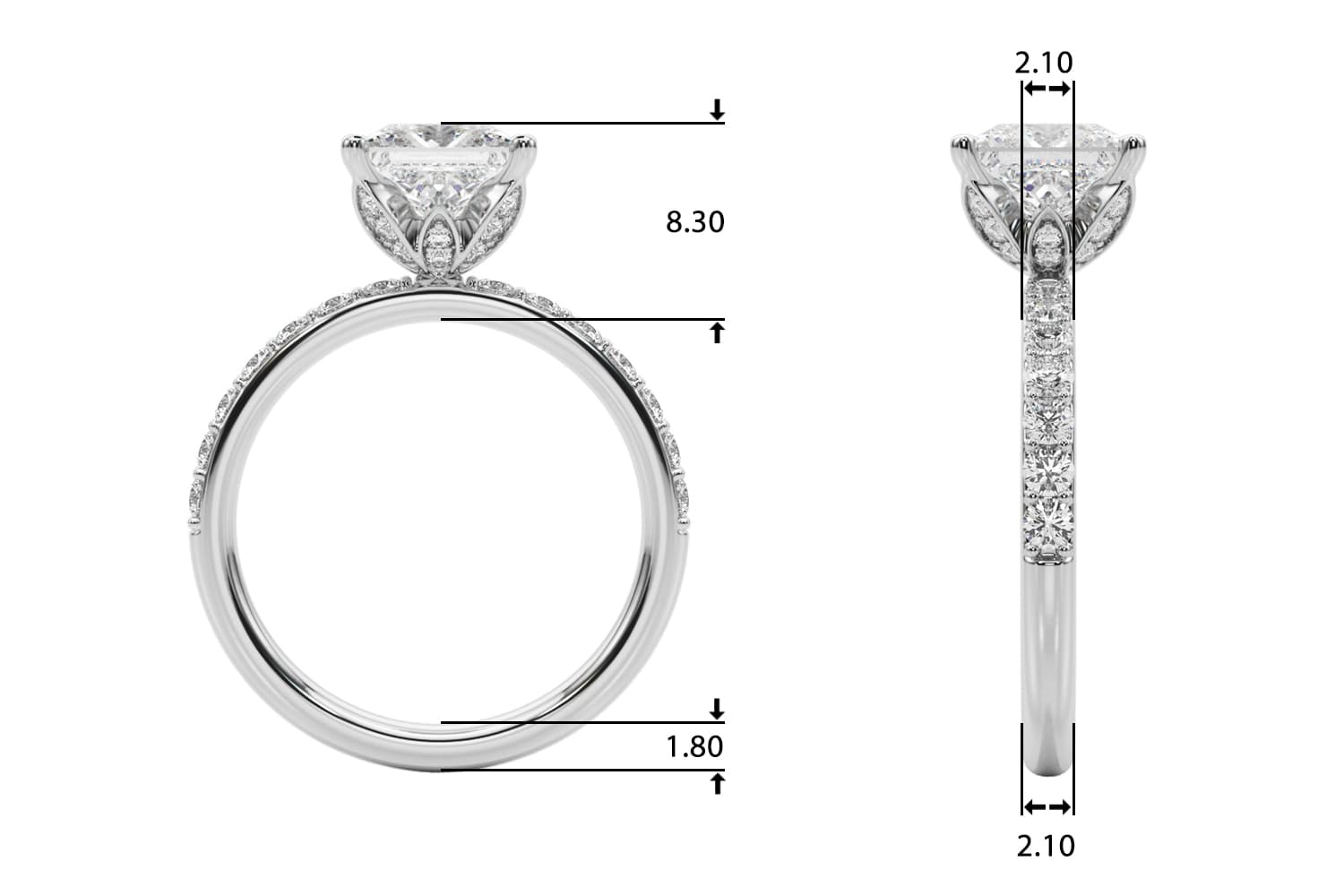 Floral Princess Cut Engagement Ring, style 51327, Top view in white gold or platinum
