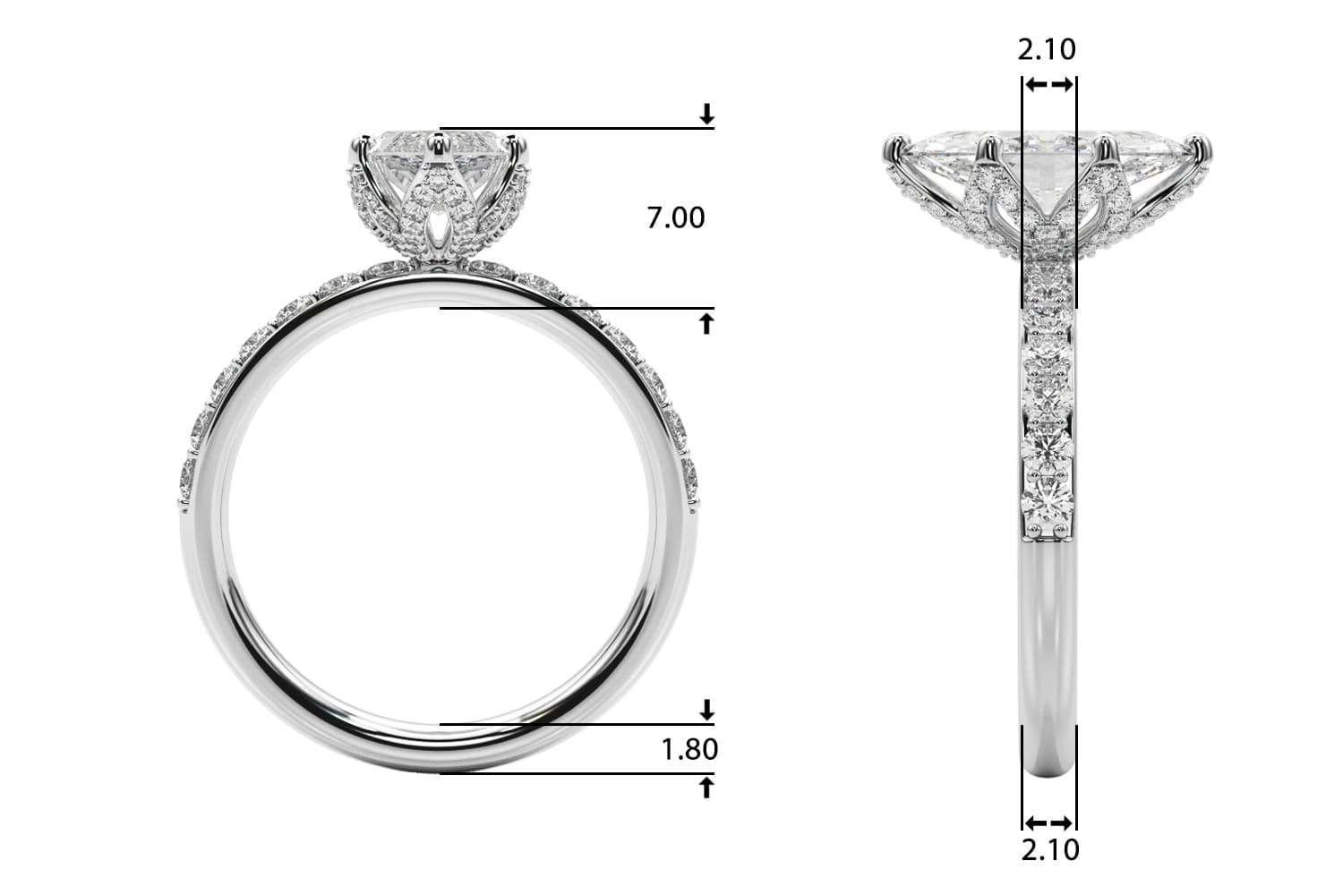 Floral Marquise Engagement Ring, style 51333, Top view in white gold or platinum