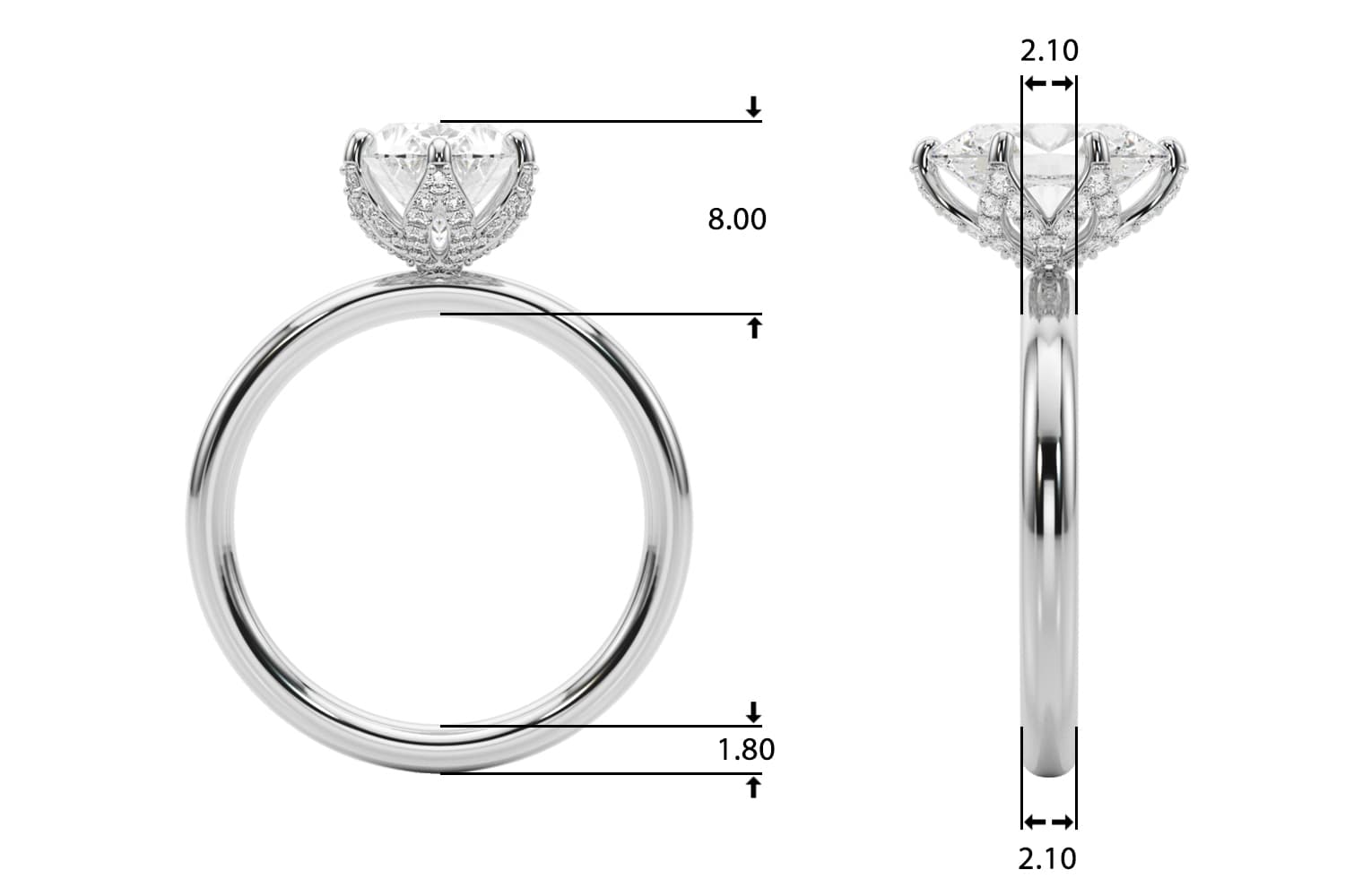Floral Oval Engagement Ring, style 51334, Top view in white gold or platinum
