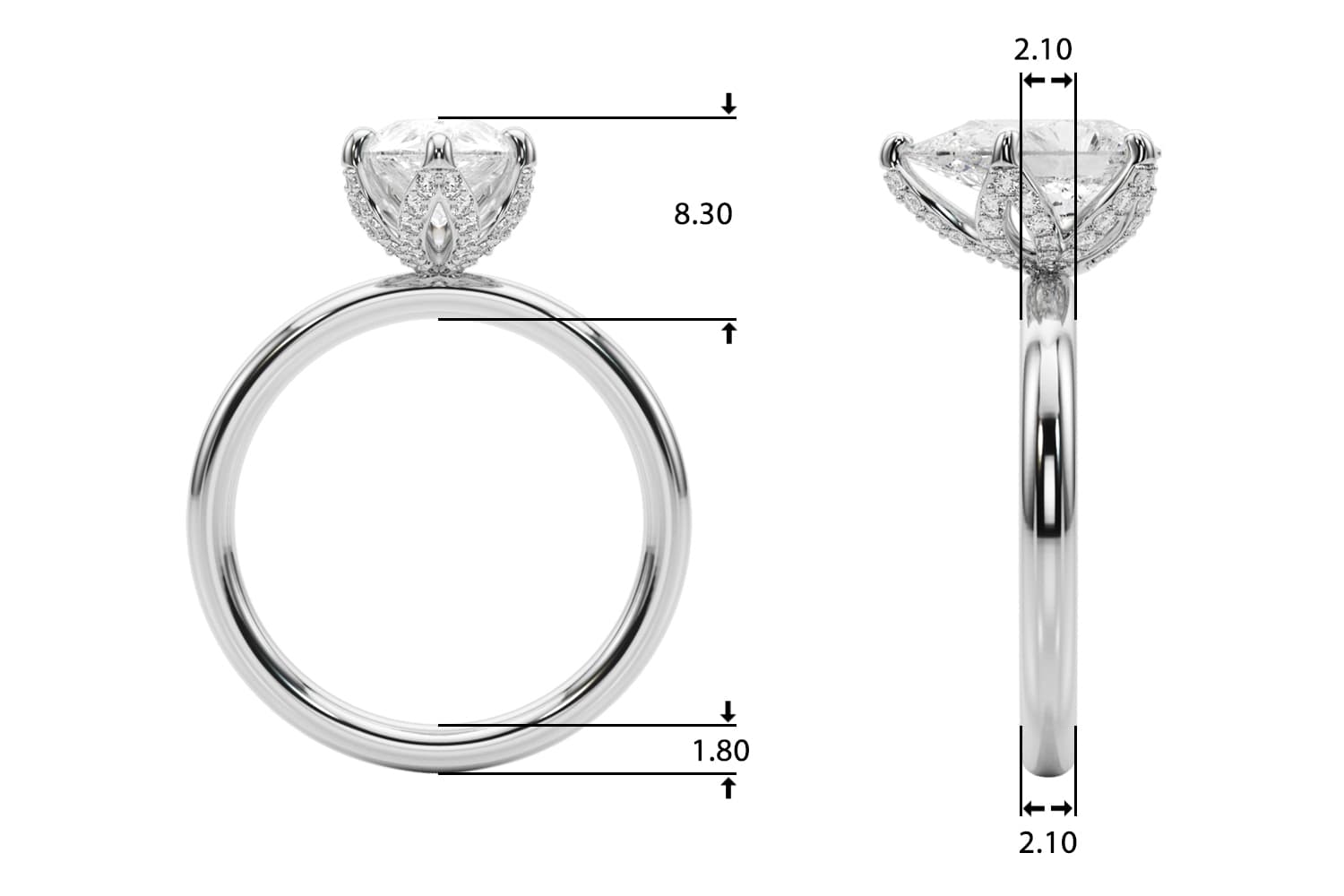 Floral Pear Engagement Ring, style 51336, Top view in white gold or platinum