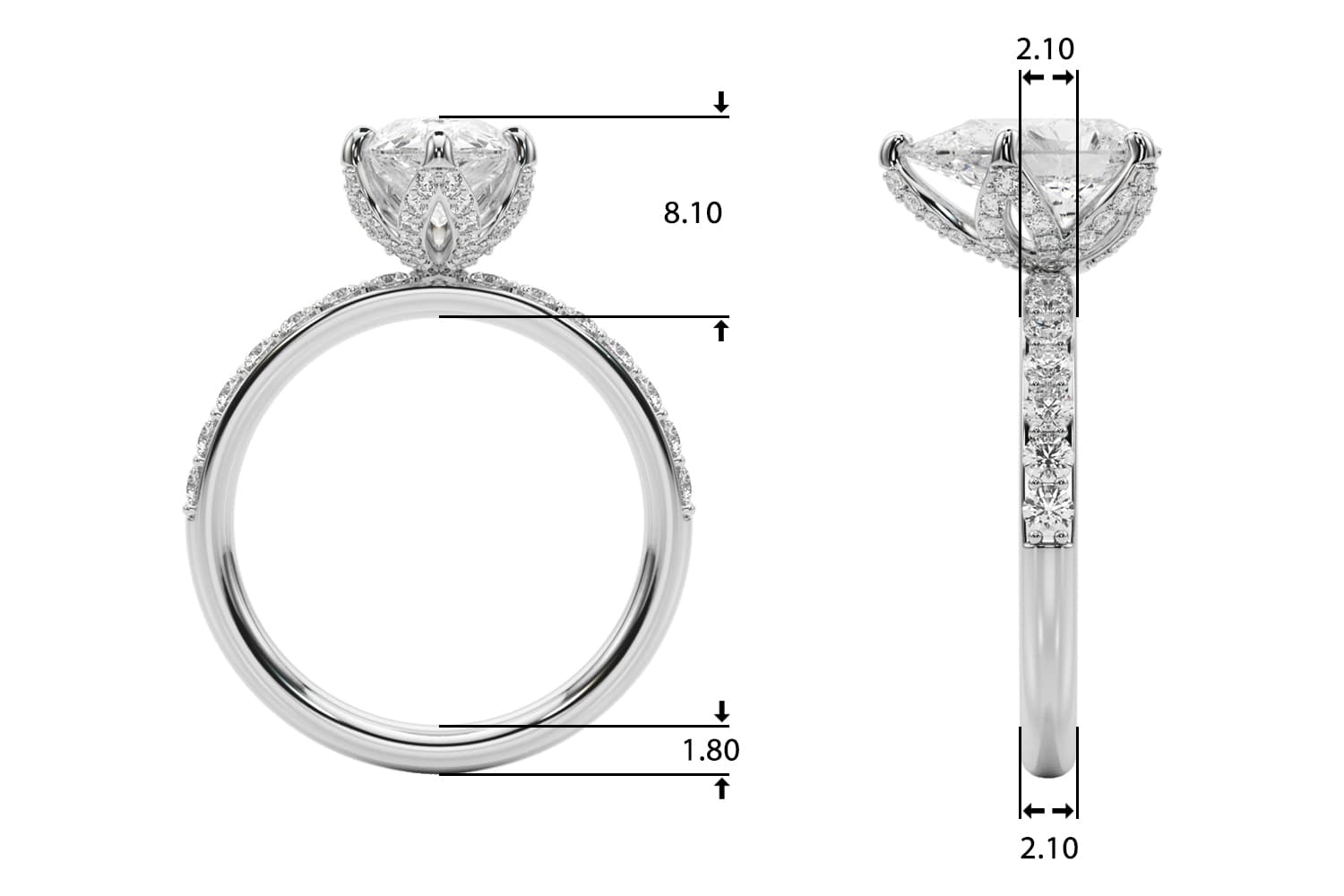 Floral Pear Engagement Ring, style 51337, Top view in white gold or platinum