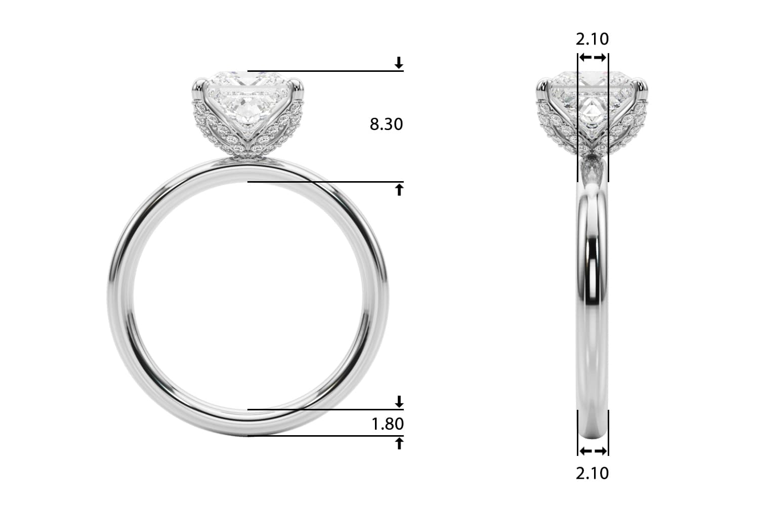 Floral Princess Cut Engagement Ring, style 51338, Top view in white gold or platinum