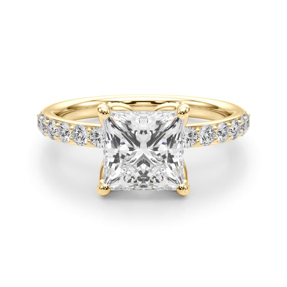 Floral Princess Cut Engagement Ring, style 51339, Angle view in yellow gold