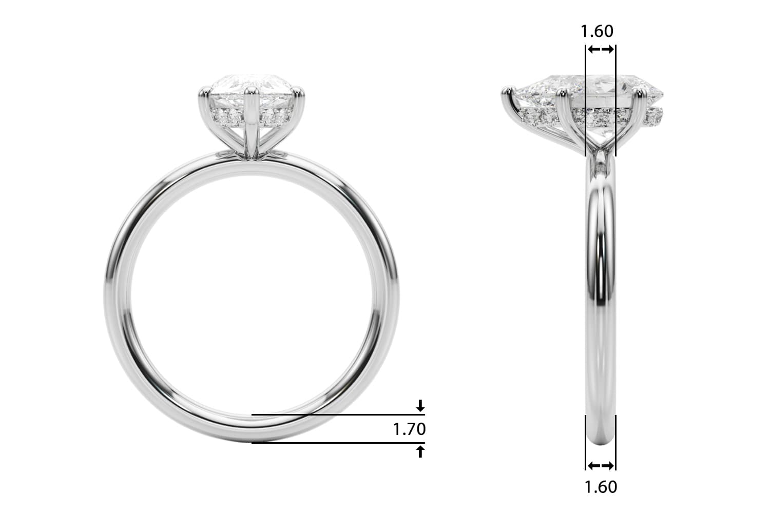 Pear Shaped Hidden Halo Engagement Ring, style 51340, Top view in white gold or platinum
