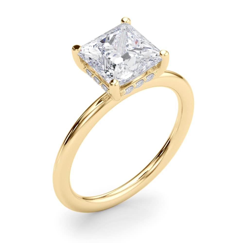 Hidden Halo Princess Cut Engagement Ring, style 51342, Angle view in yellow gold