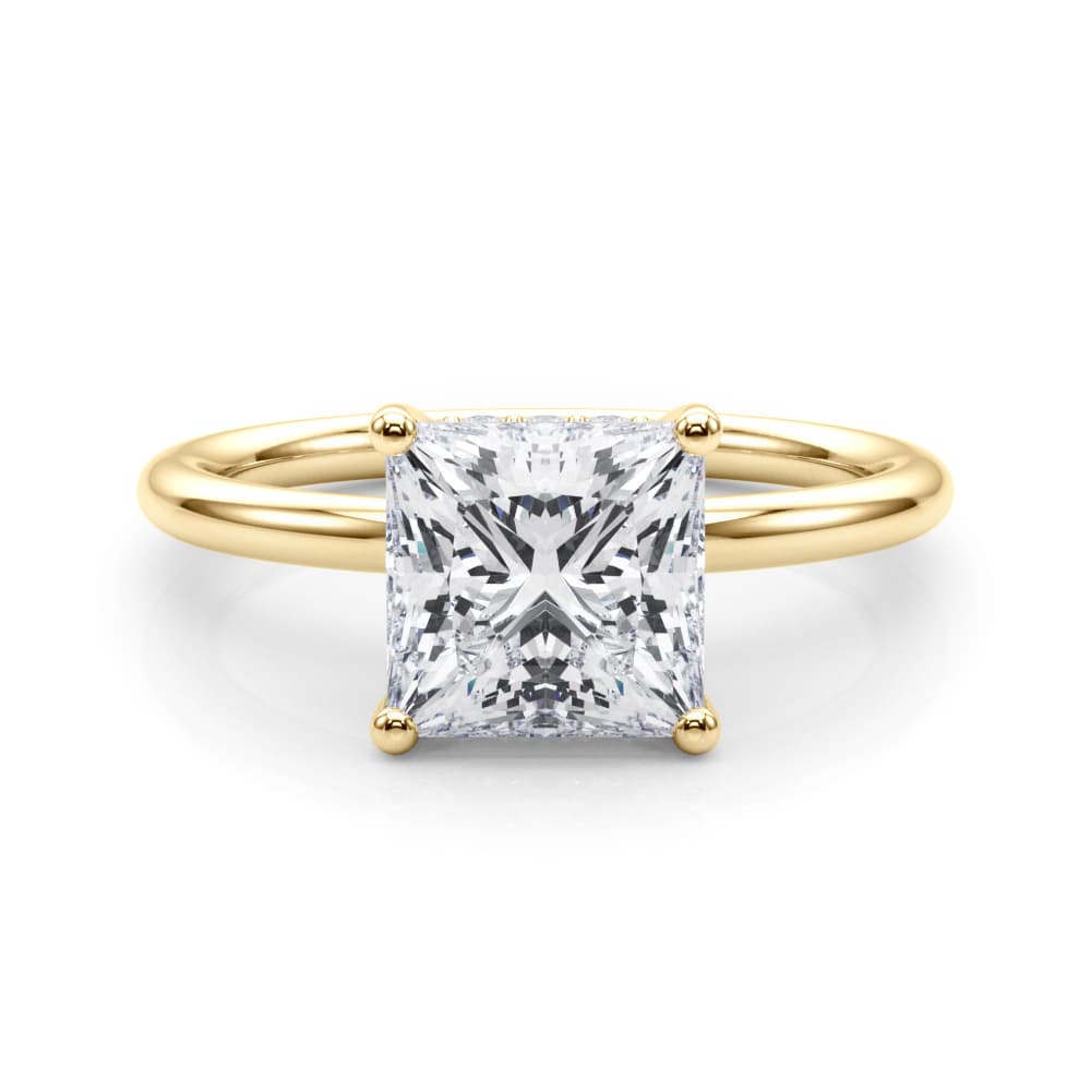 Hidden Halo Princess Cut Engagement Ring, style 51342, On hand view in yellow gold
