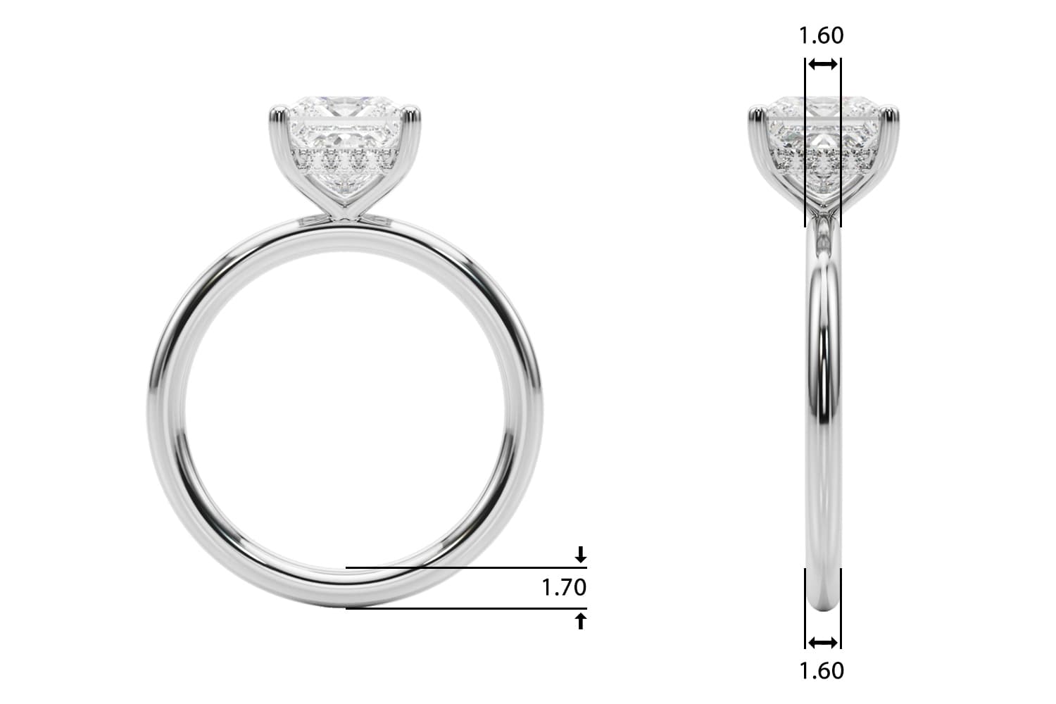 Hidden Halo Princess Cut Engagement Ring, style 51342, Top view in white gold or platinum