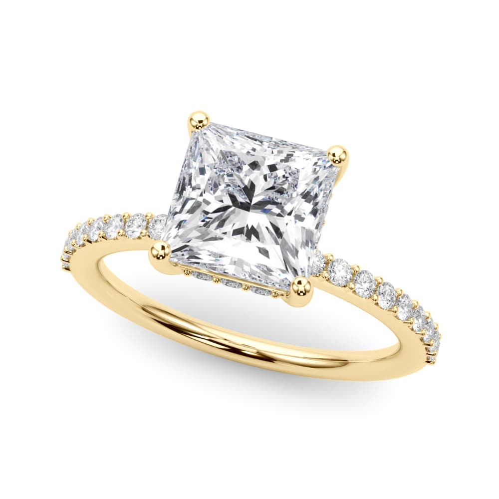 Single Row Hidden Halo Square Engagement Ring, style 51343, Front view in yellow gold