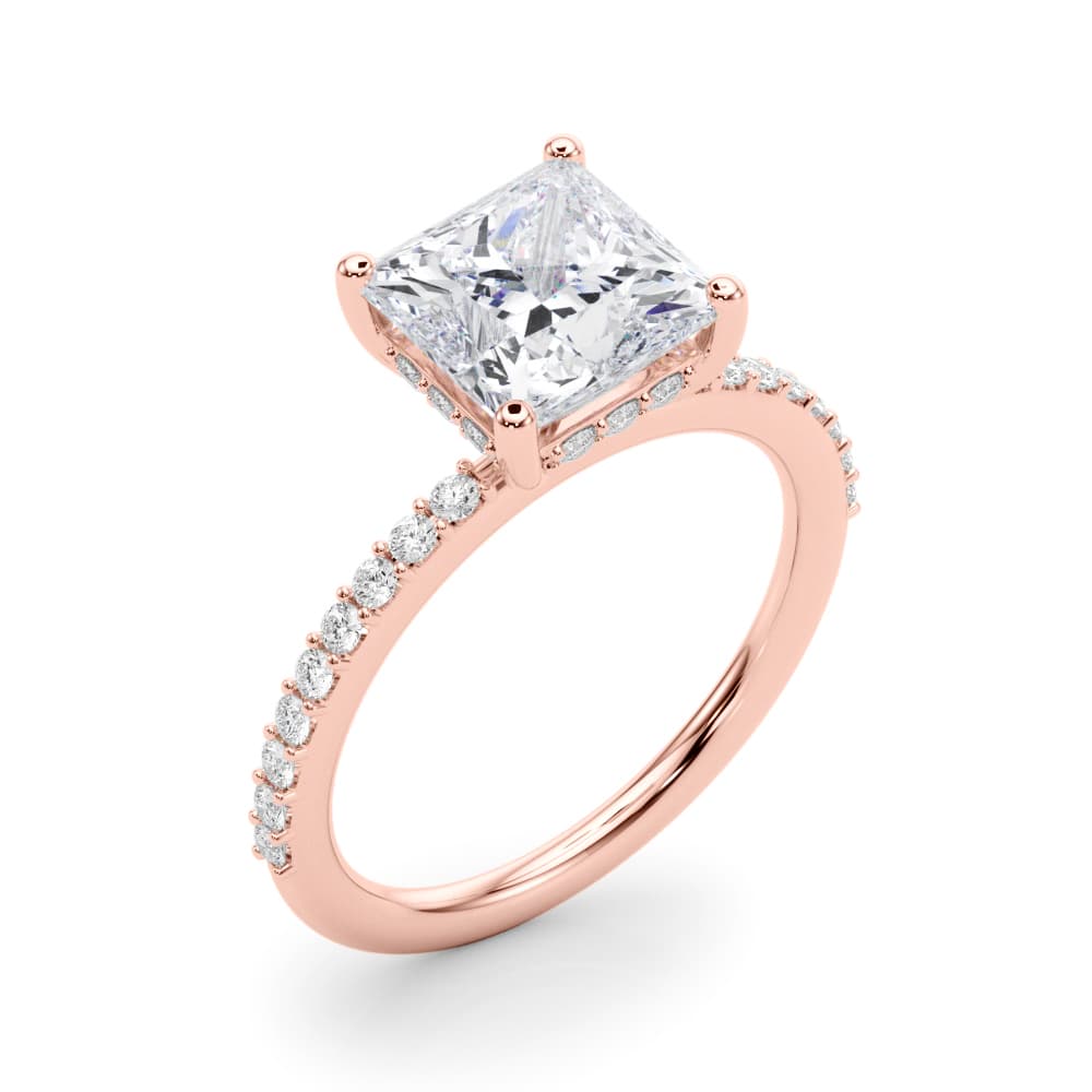 Single Row Hidden Halo Square Engagement Ring, style 51343, Angle view in rose gold