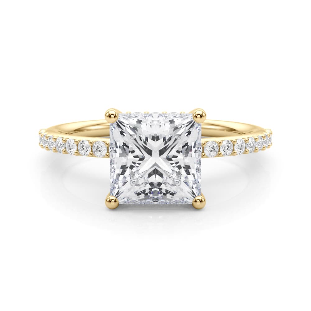 Single Row Hidden Halo Square Engagement Ring, style 51343, On hand view in yellow gold