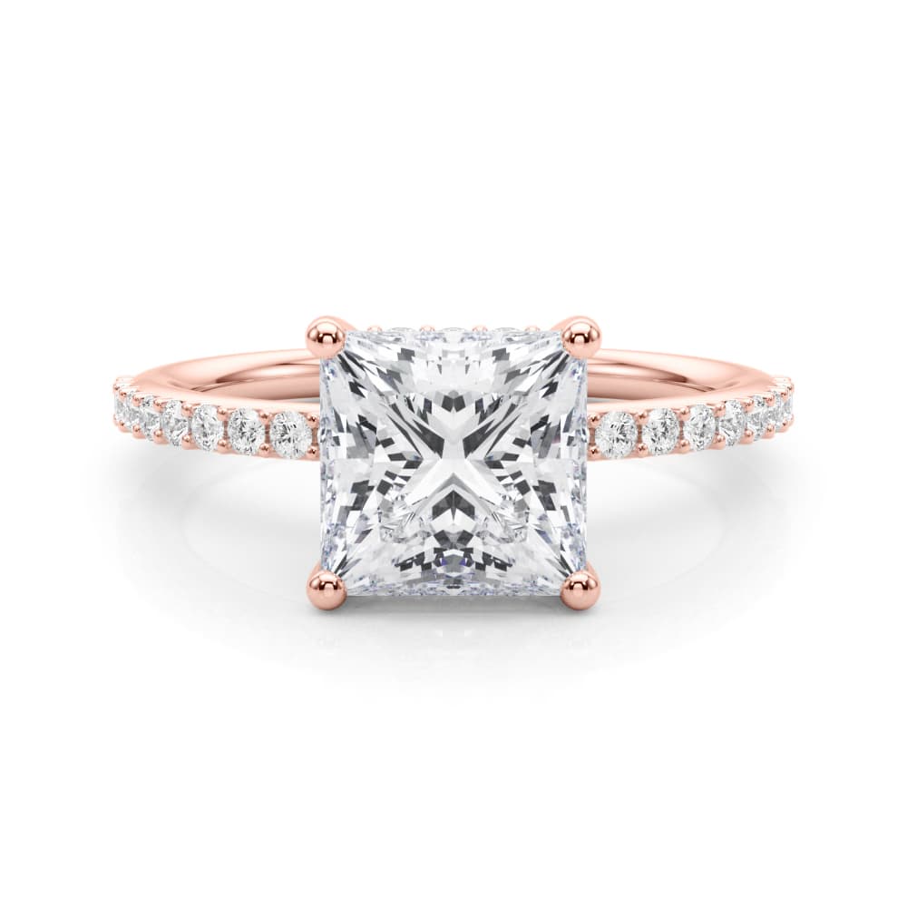 Single Row Hidden Halo Square Engagement Ring, style 51343, On hand view in rose gold