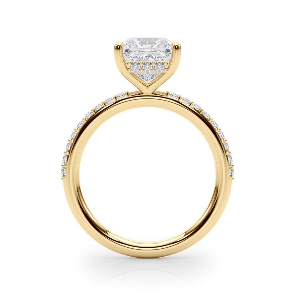 Single Row Hidden Halo Square Engagement Ring, style 51343, Side view in yellow gold
