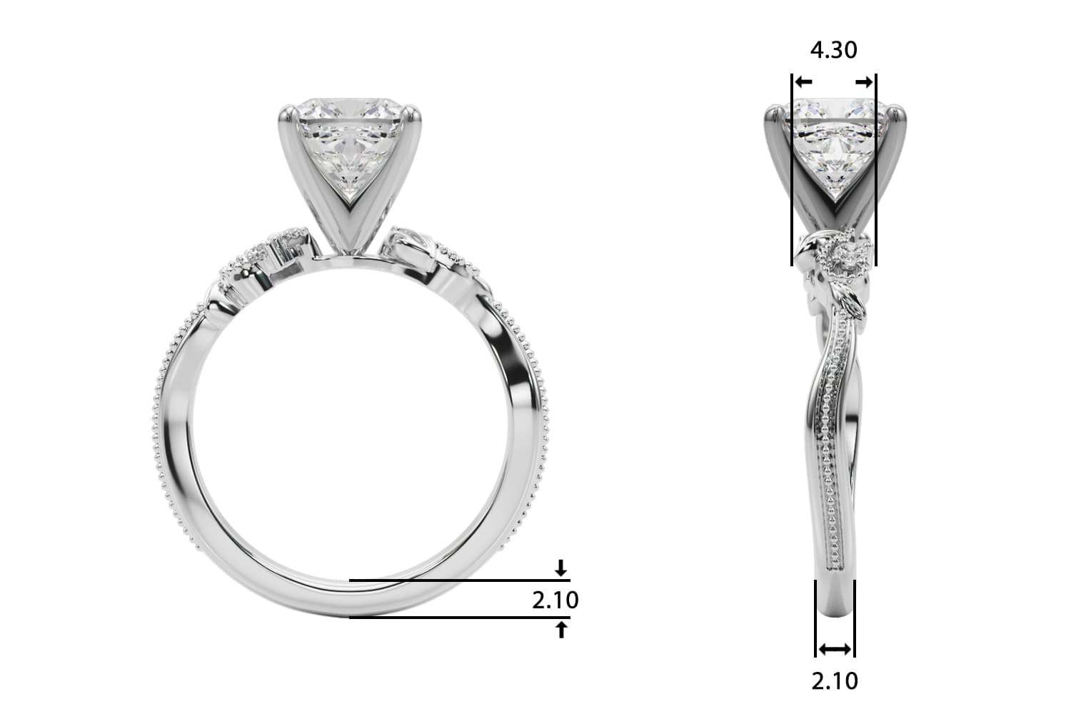 Nature-Inspired Milgrain Engagement Ring, style 51354, Top view in white gold or platinum