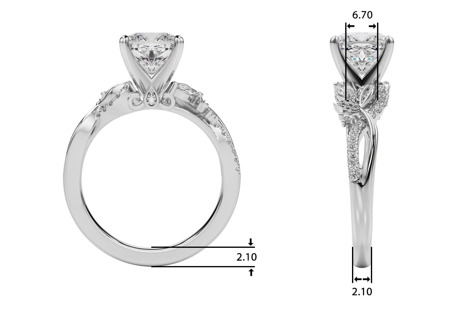 Nature Inspired Engagement Ring, style 51355, Top view in white gold or platinum