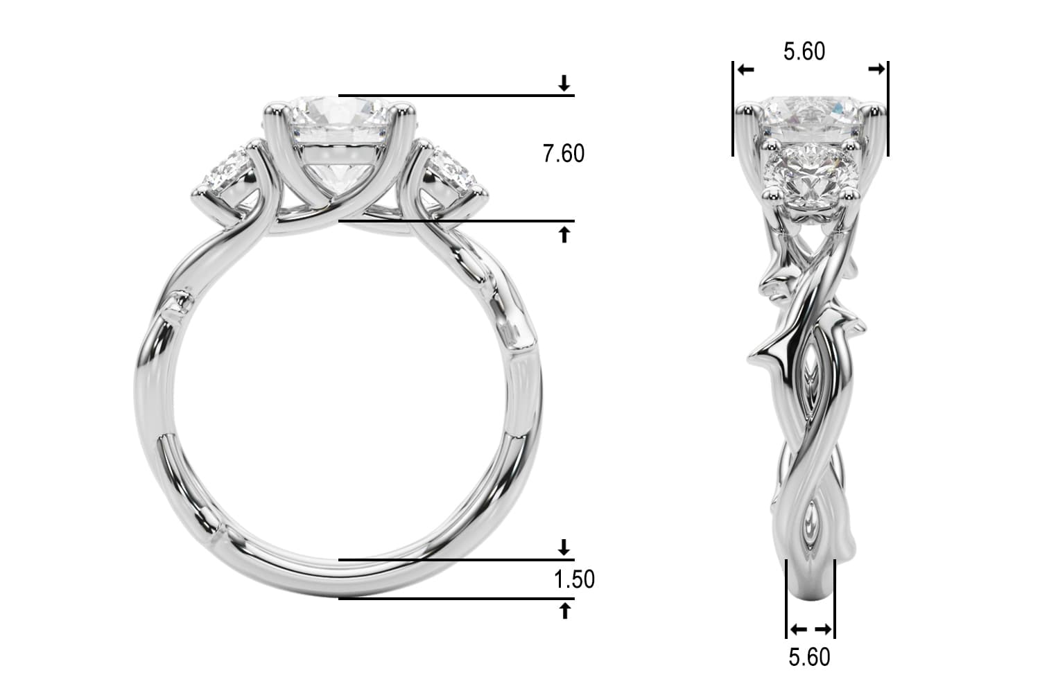3-Stone Twisted Shank Engagement Ring, style 51366, Top view in white gold or platinum