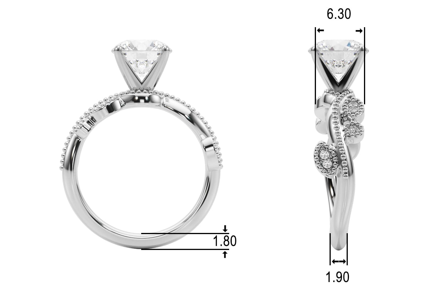 Nature Inspired Milgrain Engagement Ring, style 51367, Top view in white gold or platinum