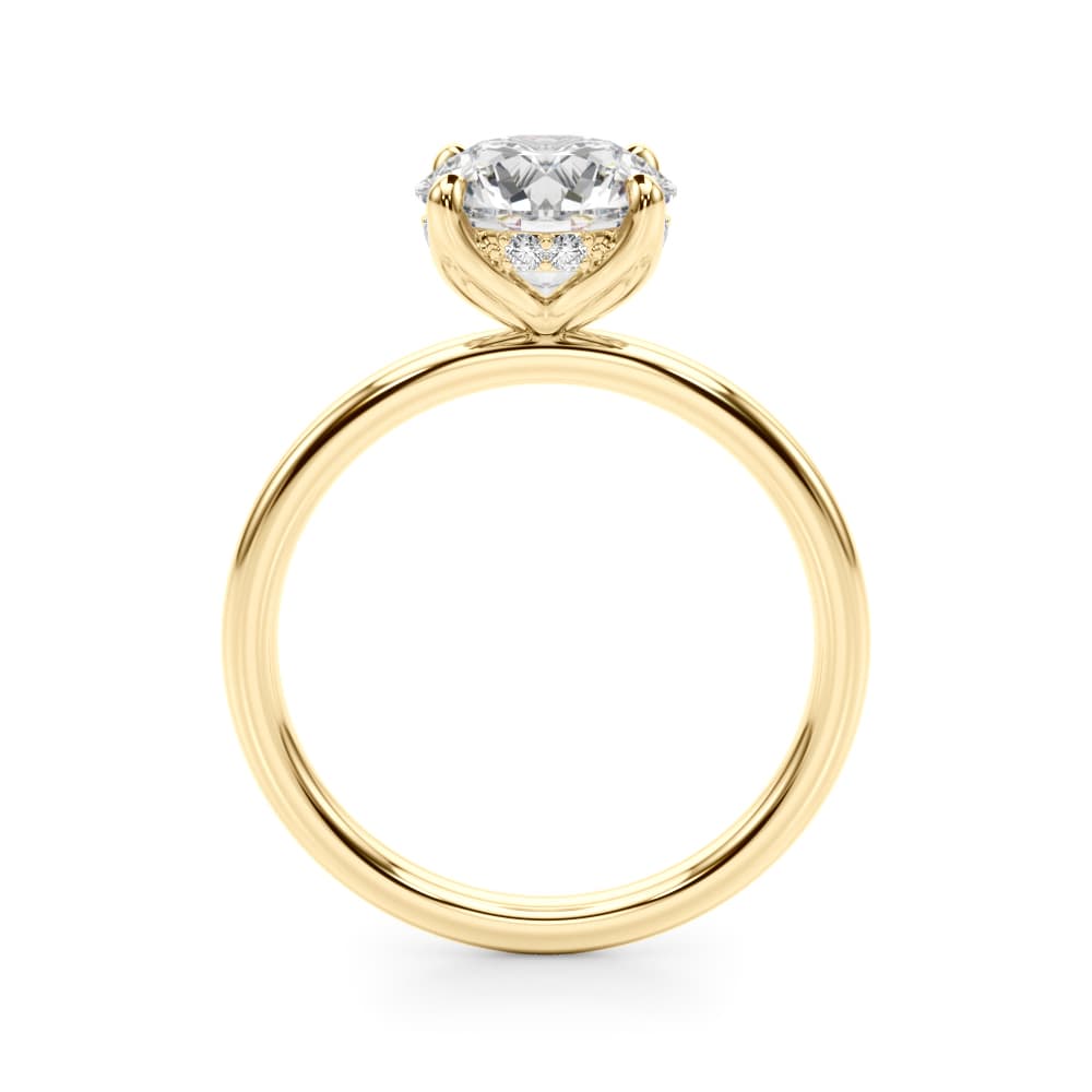 Round Tulip Hidden Halo Engagement Ring, style 51377, Side view in yellow gold