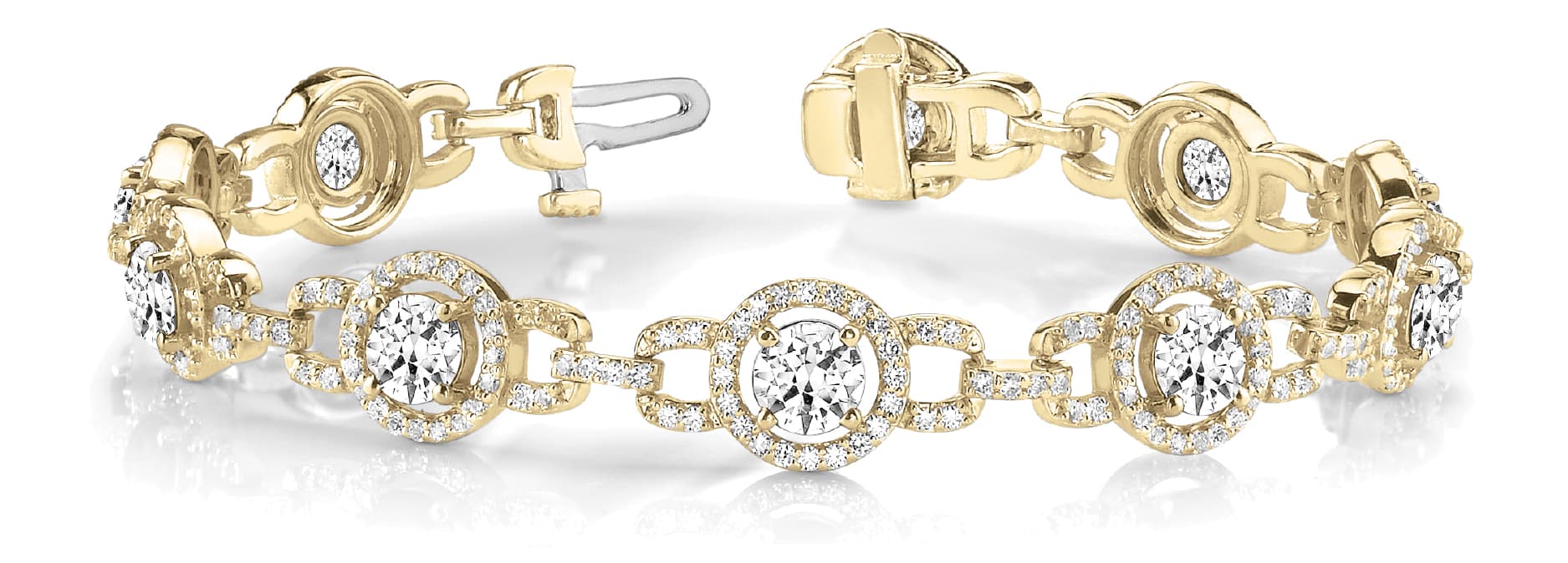 Round Halo with Interlock Link Bracelet (7 1/4 ct. tw.), Front view in yellow gold