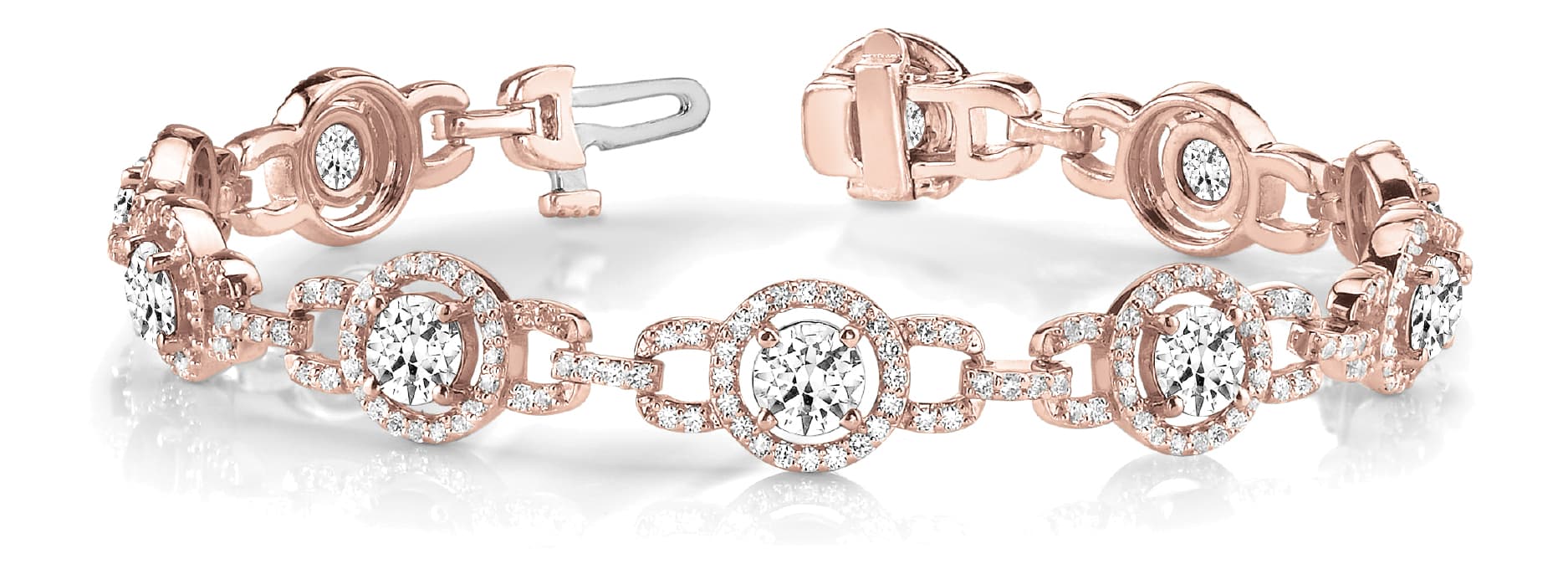 Round Halo with Interlock Link Bracelet (7 1/4 ct. tw.), Front view in rose gold