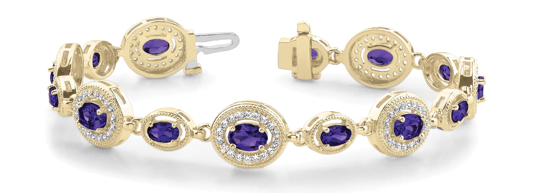 Oval Milgrain Halo Link Bracelet (1.4 ct. tw.), Front view in yellow gold