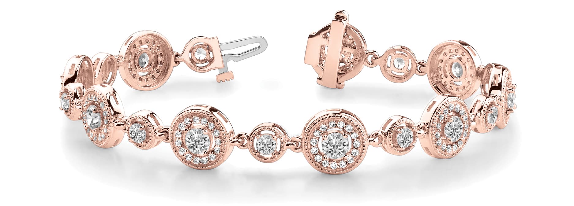Round Milgrain Halo Link Bracelet (4 1/2 ct. tw.), Front view in rose gold