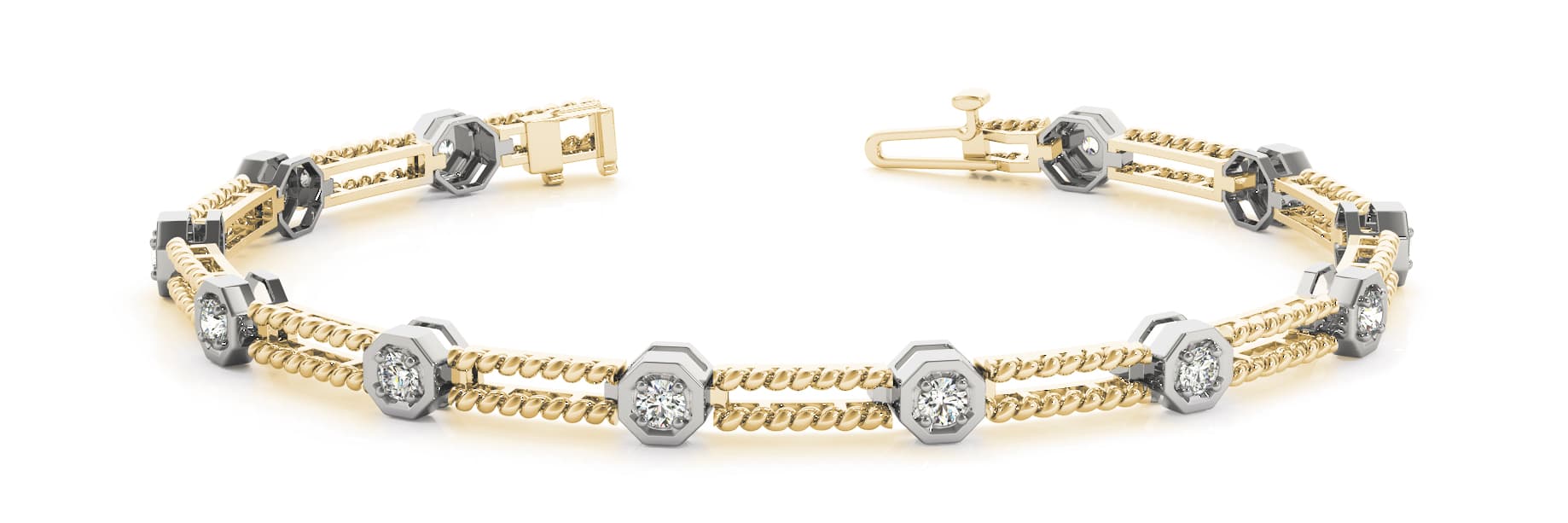Hex/double Rope Bar Lnk Bracelet (1/4 ct. tw.), Front view in yellow gold