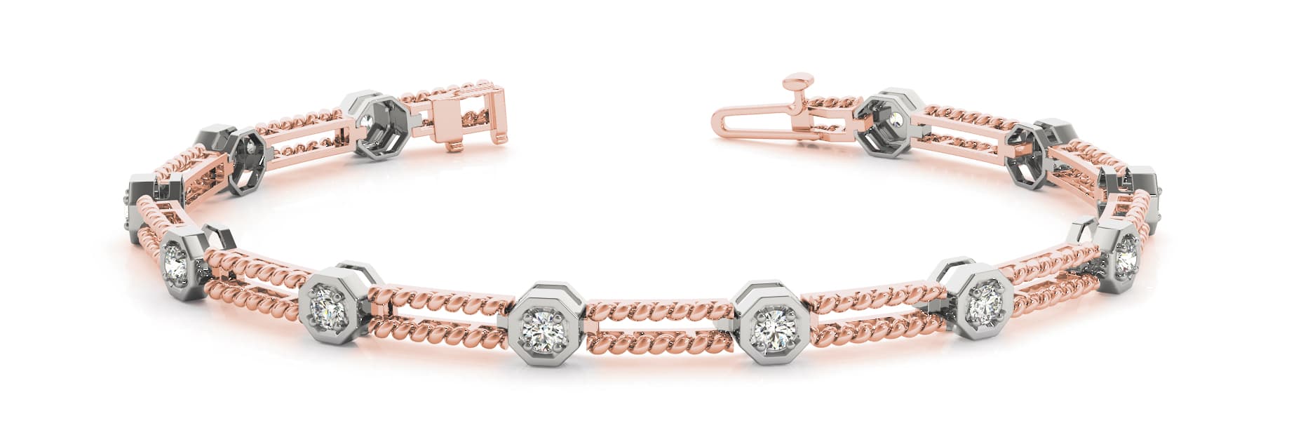 Hex/double Rope Bar Lnk Bracelet (1/4 ct. tw.), Front view in rose gold