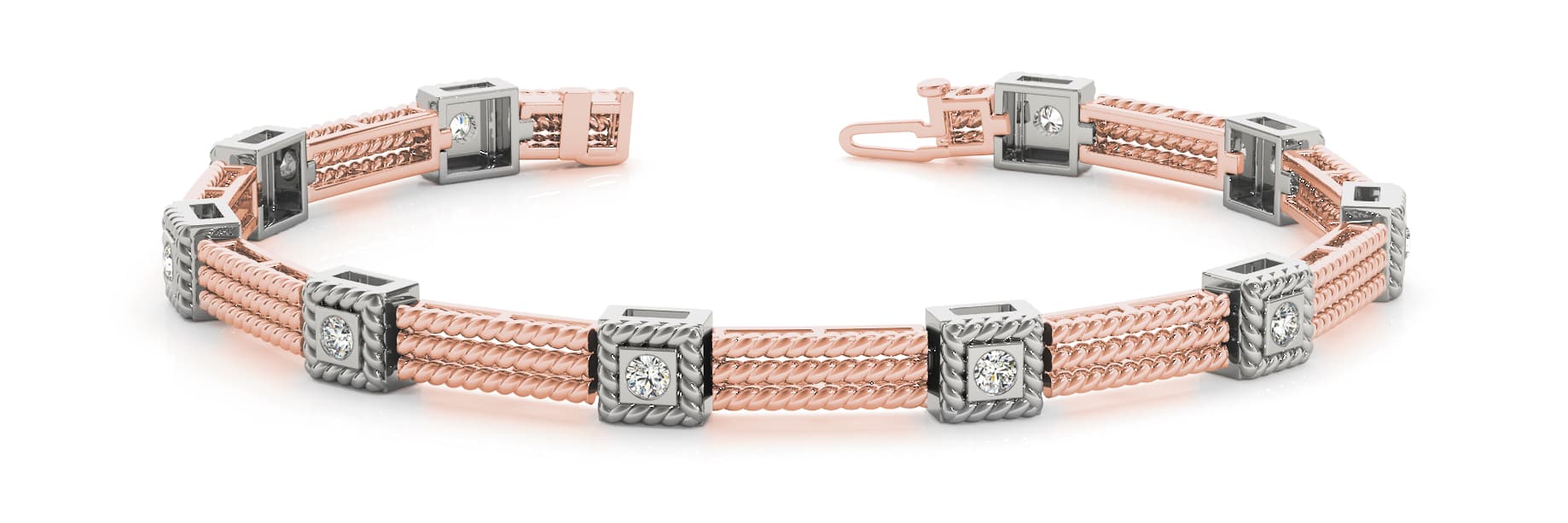 Sq/3 Row Rope Link Bracelet (0.7 ct. tw.), Front view in rose gold
