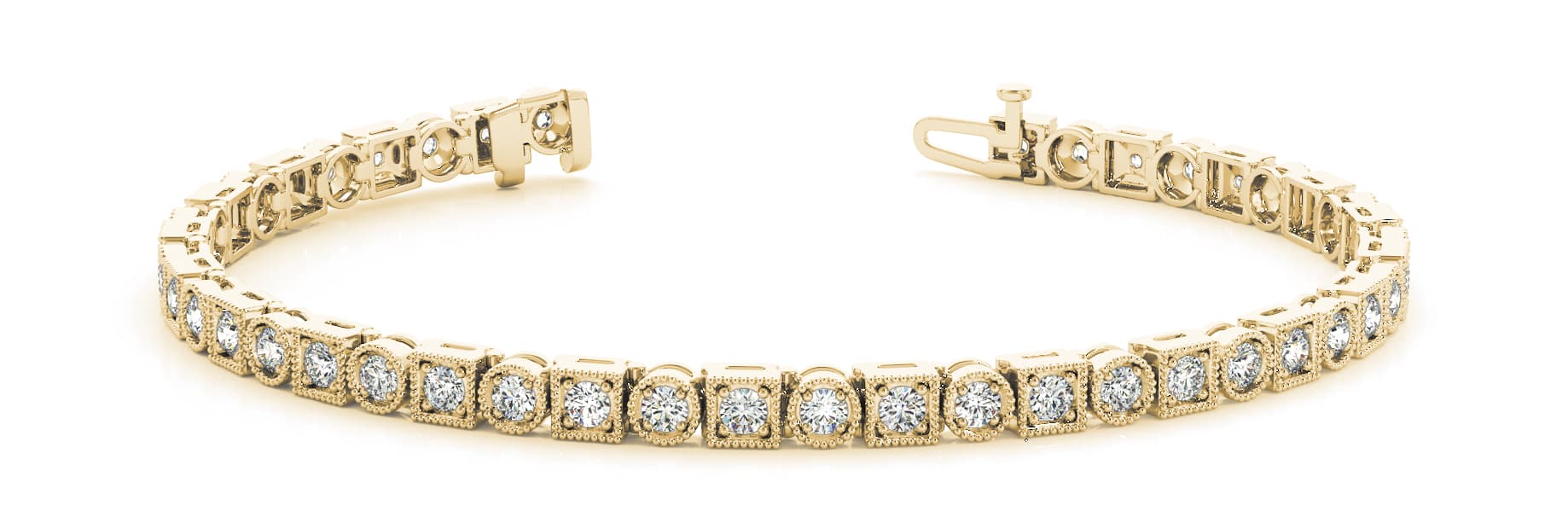 Round/sq Milgrain Bez/prong Bracelet (0.92 ct. tw.), Front view in yellow gold