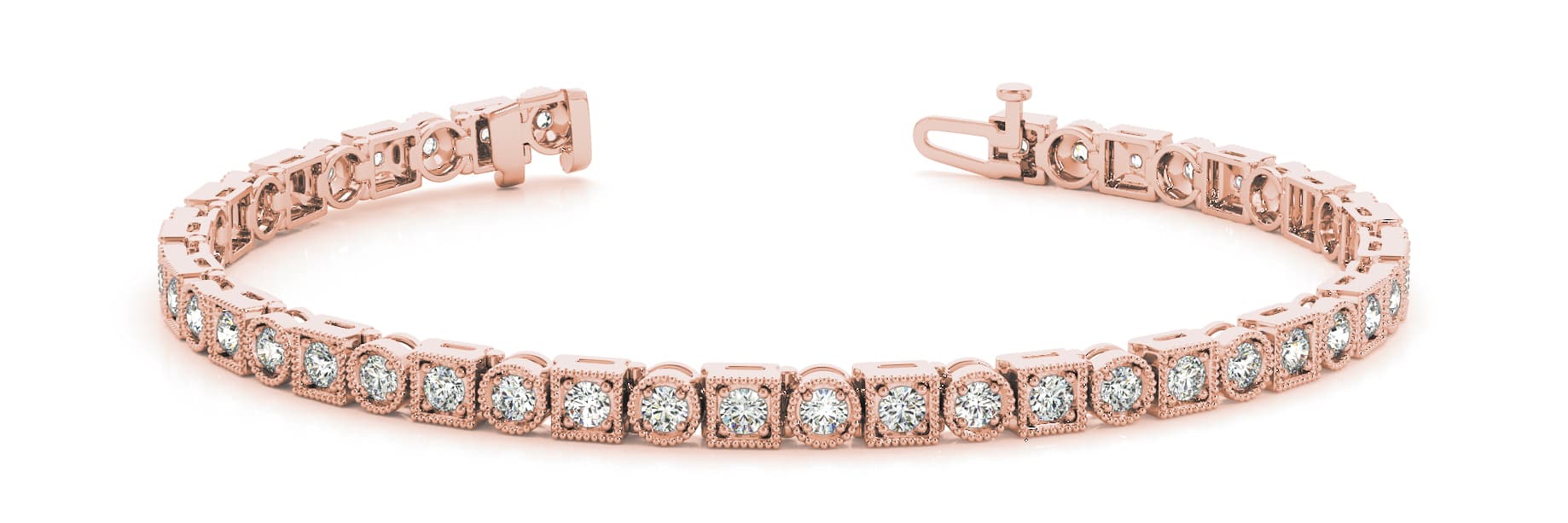 Round/sq Milgrain Bez/prong Bracelet (0.92 ct. tw.), Front view in rose gold