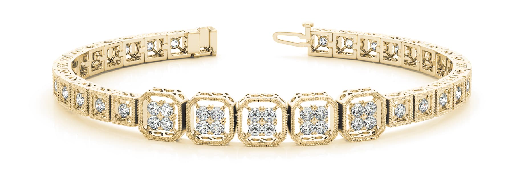 Milgrain Cluster Link Bracelet (1.44 ct. tw.), Front view in yellow gold