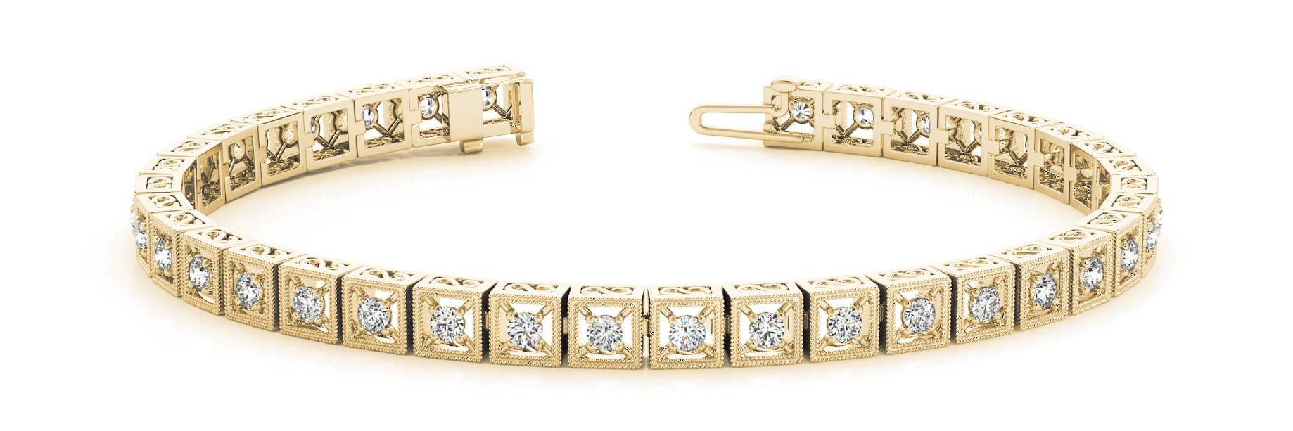 Sq Milgrain Bez/Prong Bracelet (1.08 ct. tw.), Front view in yellow gold