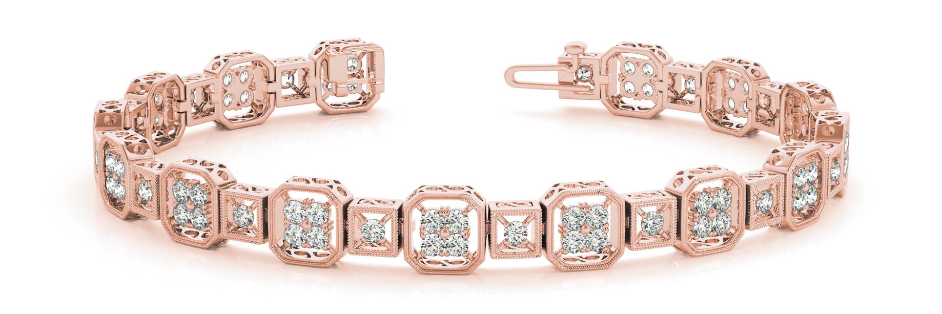 Milgrain Cushion Link Prong Set Bracelet (2.1 ct. tw.), Front view in rose gold