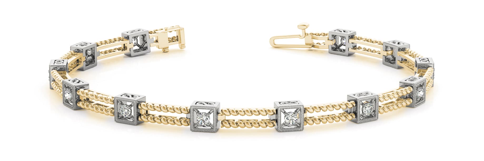 Sq/double Rope Bar Link Bracelet (3/8 ct. tw.), Front view in yellow gold