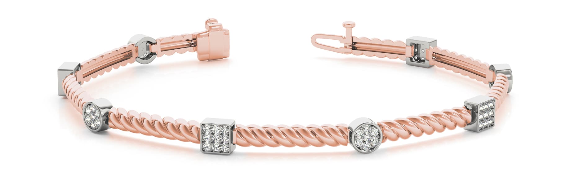 Square and Round Cluster Rope Link Bracelet (0.48 ct. tw.), Front view in rose gold
