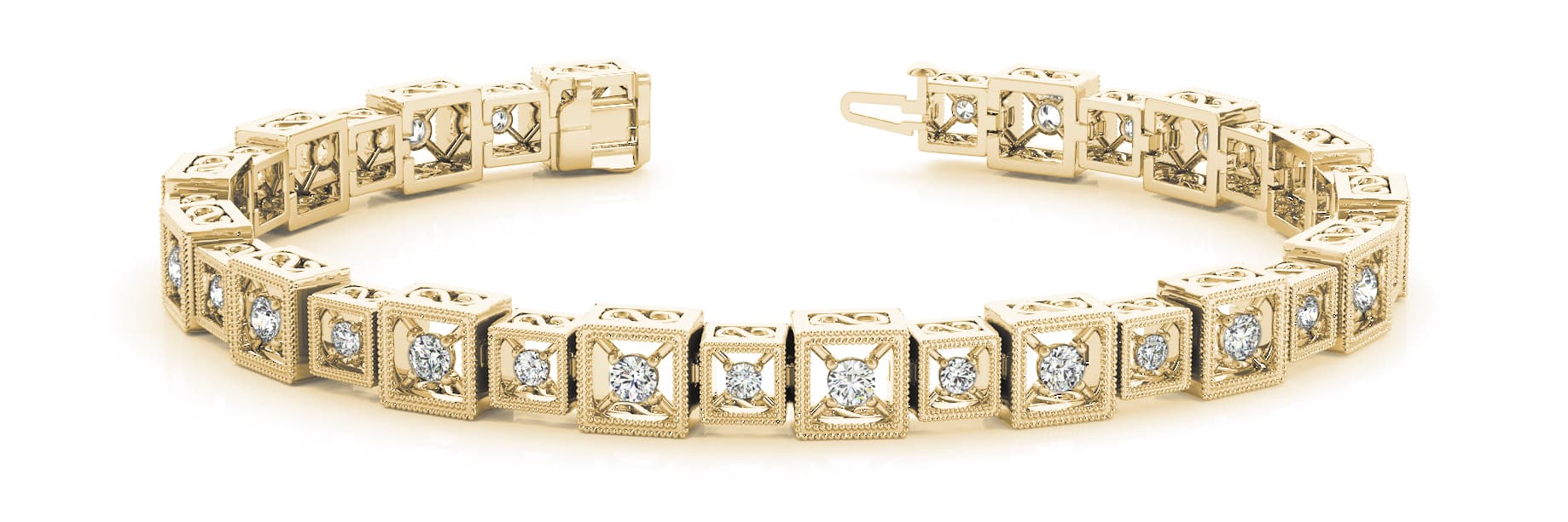Sq Milgrain Bez/Prong Bracelet (1.92 ct. tw.), Front view in yellow gold