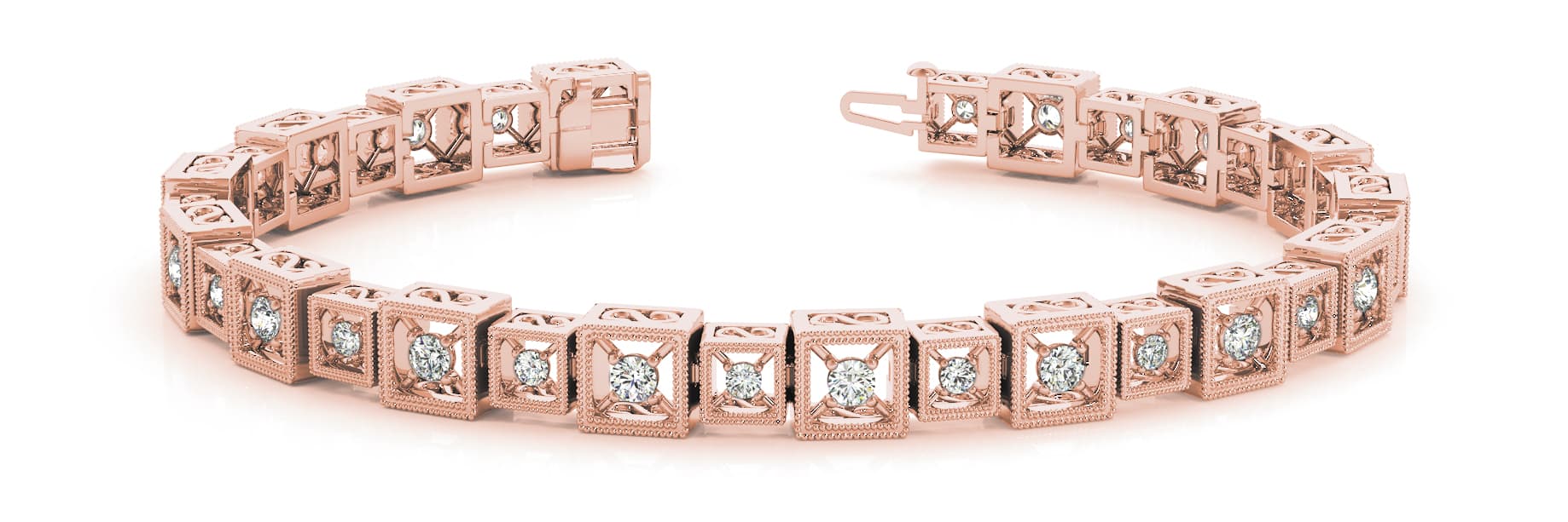 Sq Milgrain Bez/Prong Bracelet (1.92 ct. tw.), Front view in rose gold