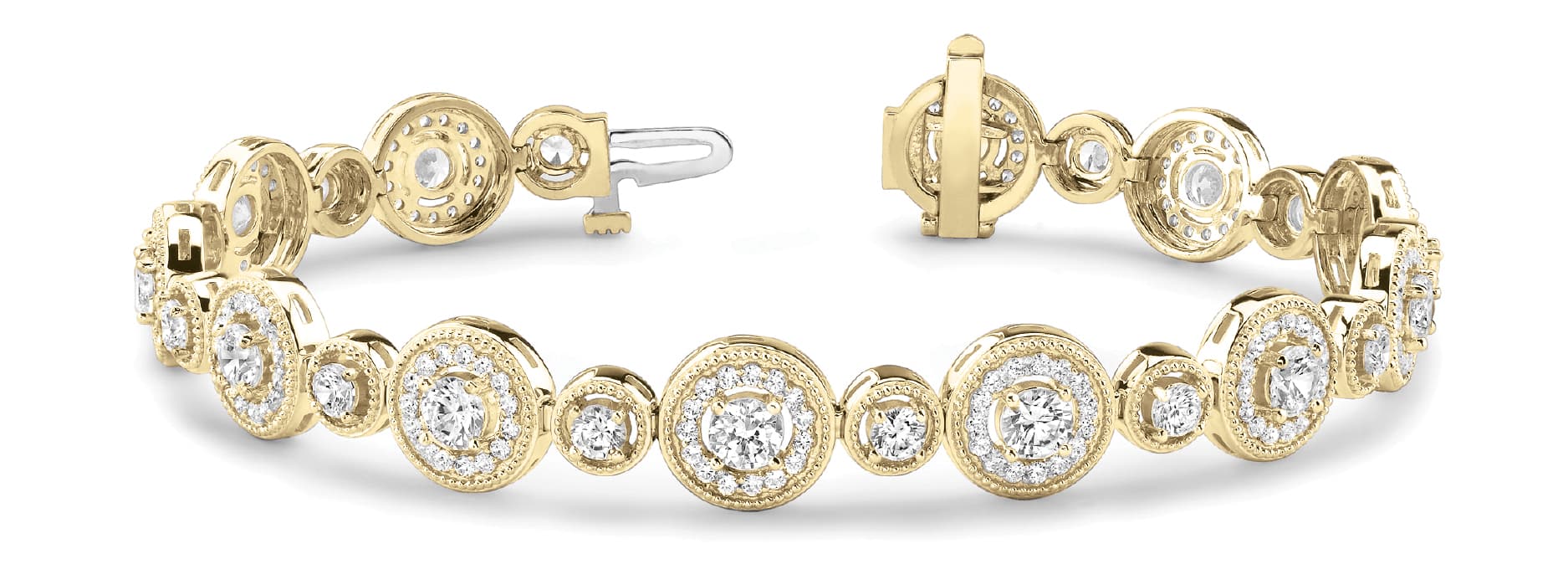 Round Milgrain Halo Link Bracelet (4 1/4 ct. tw.), Front view in yellow gold