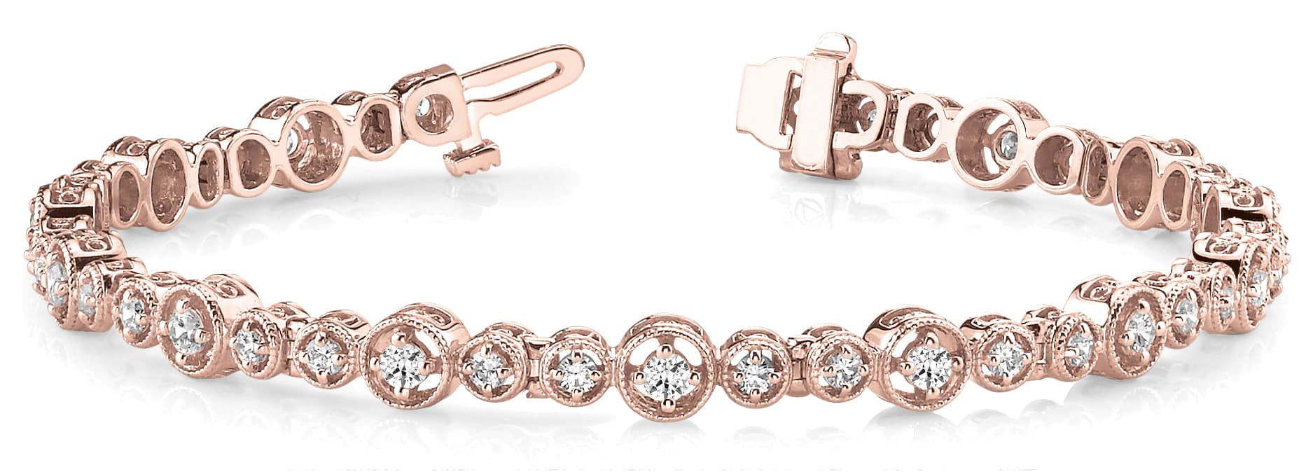 Milgrain Round Link Prong Set Bracelet (1 3/4 ct. tw.), Front view in rose gold