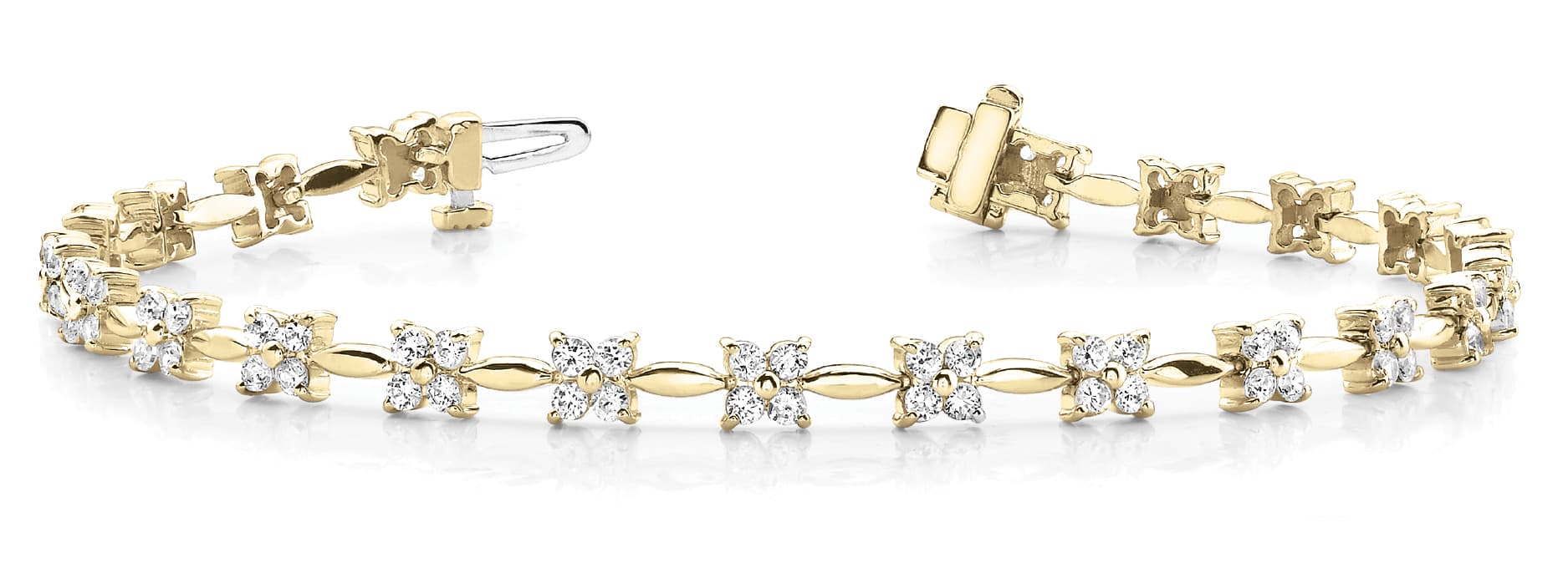Diamond Flower/solid Mq Link Bracelet (2 ct. tw.), Front view in yellow gold