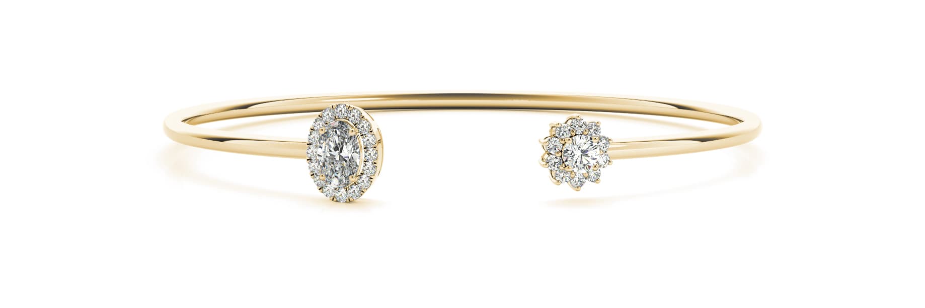 Ov/Round Halo End Cap Flexible Cuff (0.48 ct. tw.), Front view in yellow gold