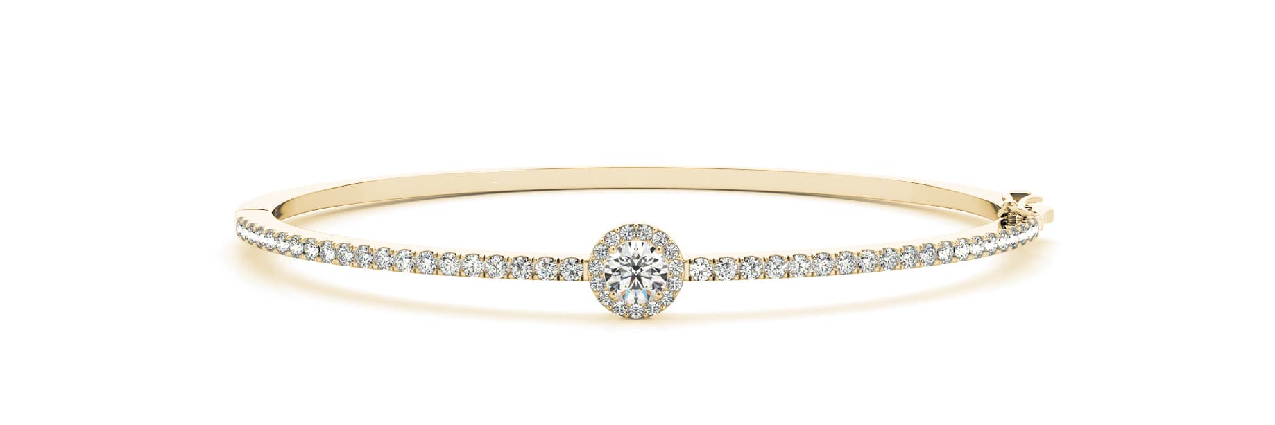 Round Halo Straight Line Hinged Bangle (1.15 ct. tw.), Front view in yellow gold