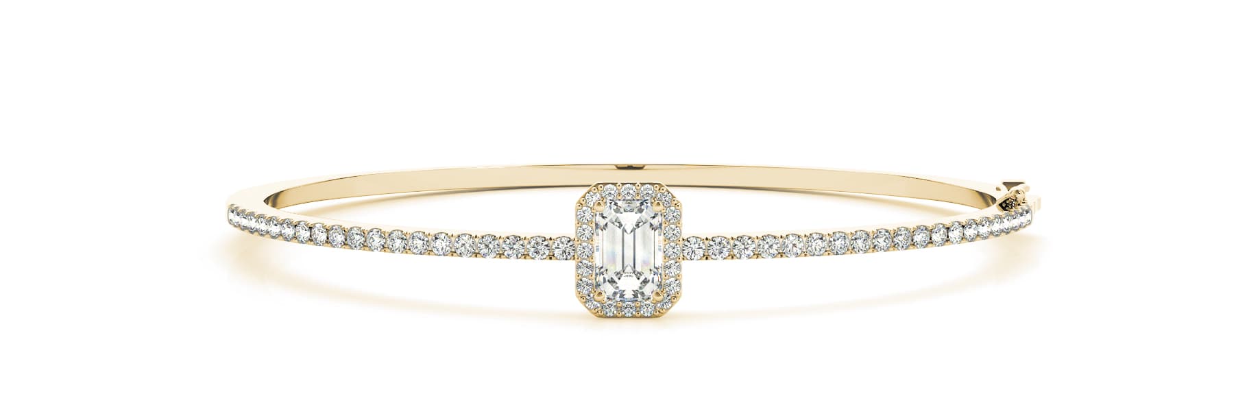 Single Row Halo Emerald Cut Bangle (1.1 ct. tw.), Front view in yellow gold