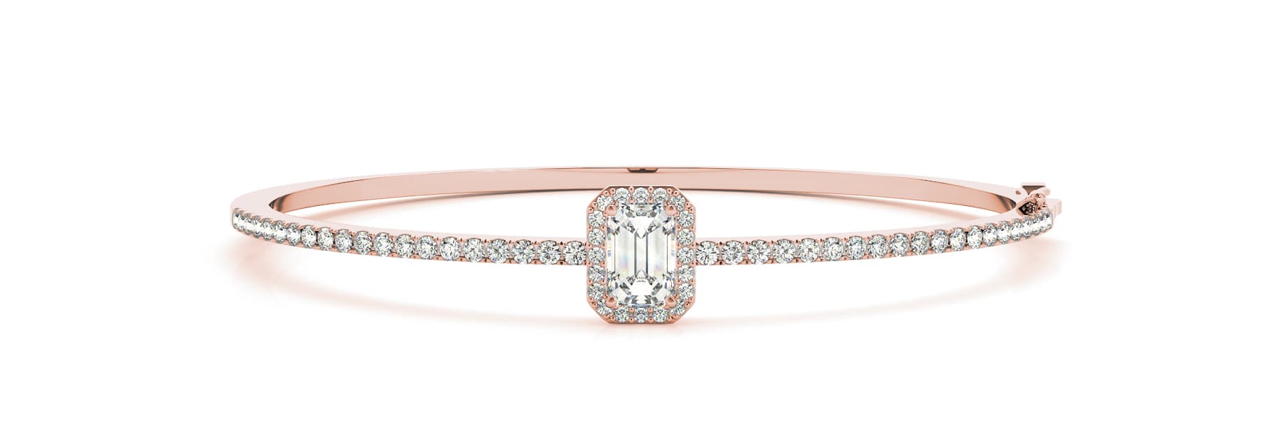 Single Row Halo Emerald Cut Bangle (1.1 ct. tw.), Front view in rose gold