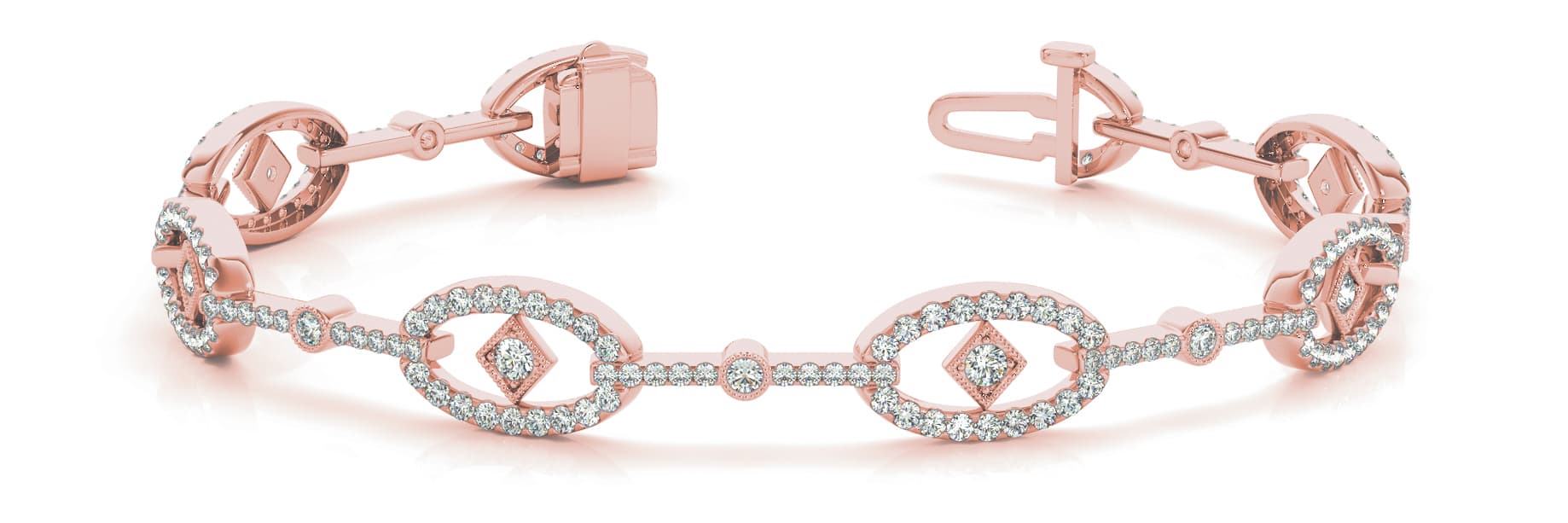 Diamond Oval/bar Link Bracelet (1.98 ct. tw.), Front view in rose gold