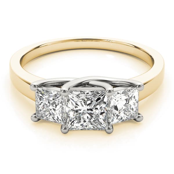 3-Stone Trellis Princess Cut Engagement Ring, style 82392, On hand view in yellow gold