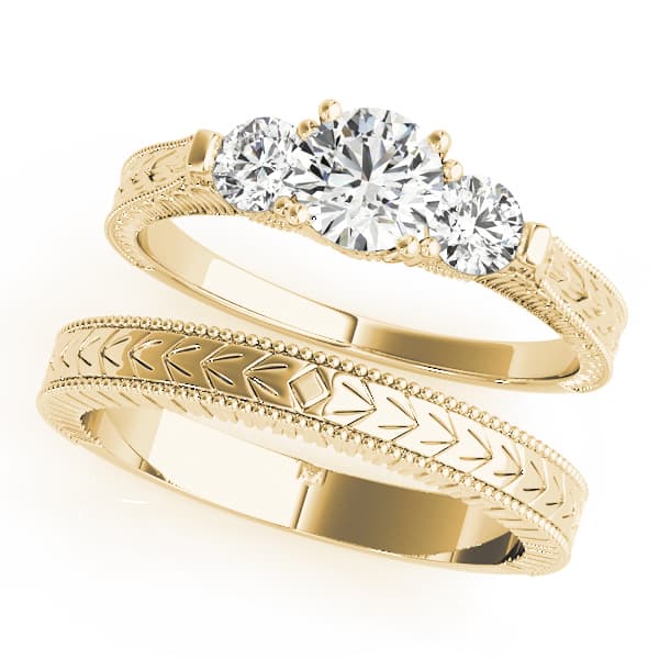 3-Stone Round Filigree Engagement Ring, style 82393, On hand view in yellow gold