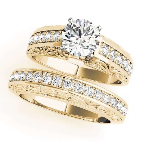 Antique Prong Set Filigree Engagement Ring, style 82417, On hand view in yellow gold