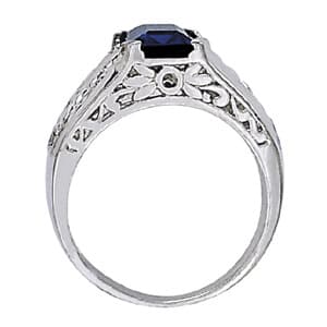Emerald-Cut Filigree Color Rings, Side view in white gold or platinum