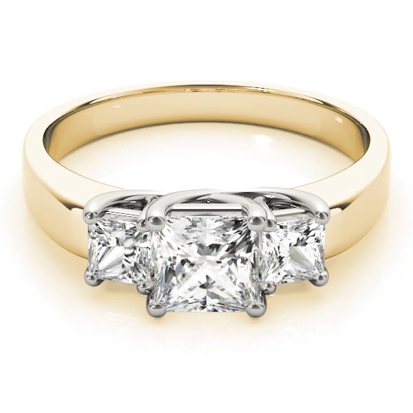 3 Stone Princess Engagement Ring, style 82571, On hand view in yellow gold